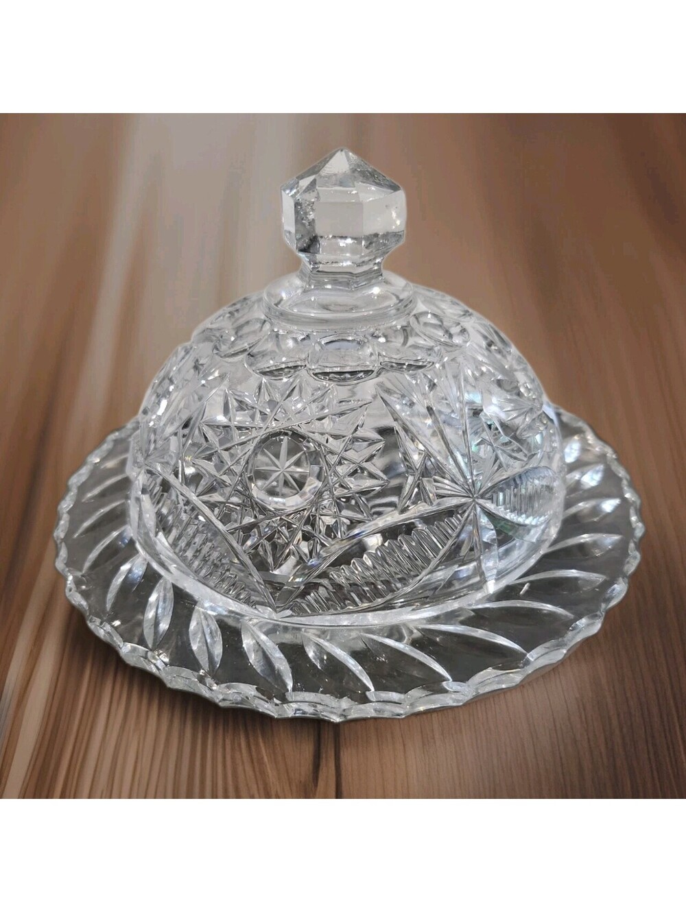 Vintage American Cut Crystal Round Covered Butter Dish Lid Pinwheel Star